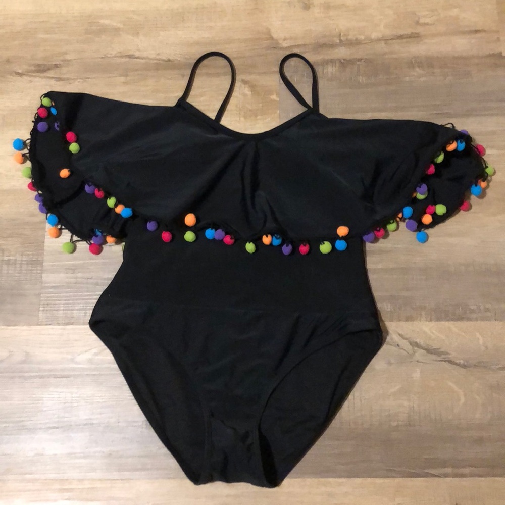 Black Pom Pom Embellished One Piece Swimsuit